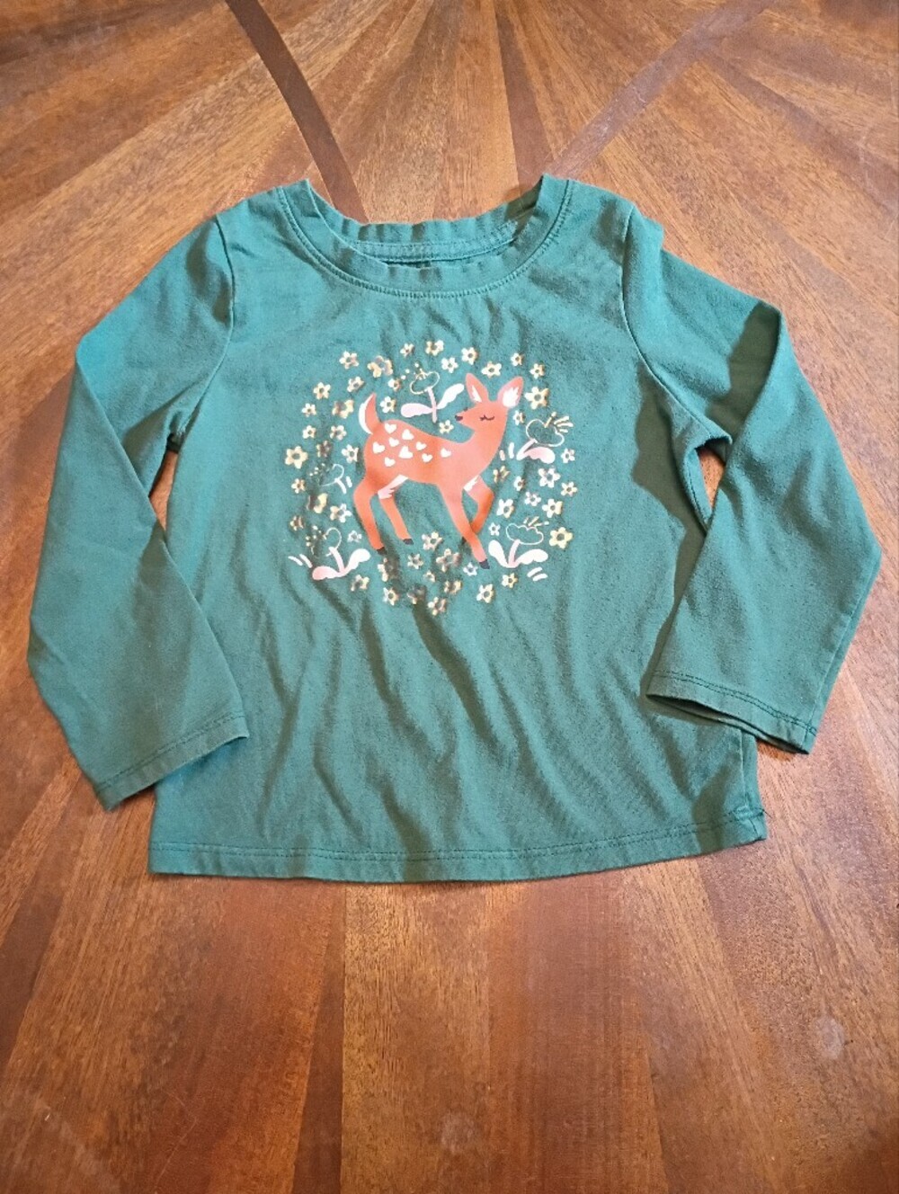 Cat & Jack Toddler Girls Deer Floral Long Sleeve Graphic Tee Green Size 2T